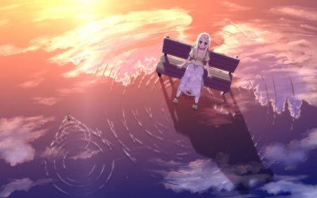 on the water - clouds, anime, anime girl, water, blond hair, long hair, sweet, fantasy, sunset, lights, cute, bench, frog, blue eyes