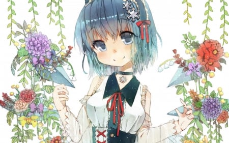 Cirno - touhou project, blue eyes, snowflakes, anime girl, blue hair, touhou, short ahir, anime, ribbon, flowers, cute, cirno, dress