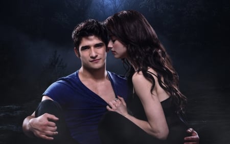 Teen Wolf (2011-) - tyler posey, blue, night, teen wolf, man, dark, allison, werewolf, hunter, actor, tv series, girl, scott, love, actress, crystal reed, black, fantasy, woman, lycan, couple, young