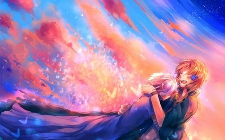 I LOVE YOU - sky, couple, girl, colorful, sunset, art, boy, clouds, anime, orange ahir, cute, lights, white hair, butterflies