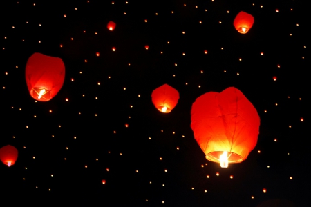 Floating Lanterns! - floating, orange, lantern, sky