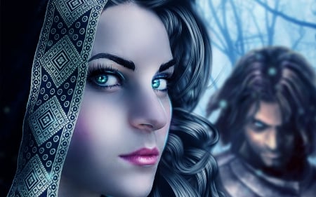 Fantasy girl - sorceress, game, blue, girl, green eyes, pink, man, prince of persia, fantasy, look, woman