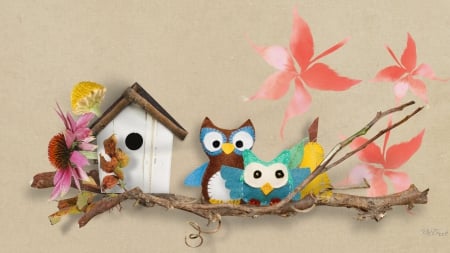 Owls for Autumn - twigs, owls, birds, whimsical, leaves, flowers, fall, autumn, cute