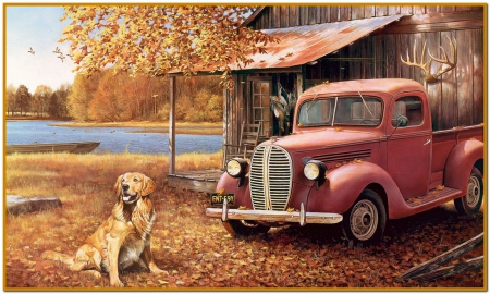 Autumns Past - truck, dog, leaves, autumn