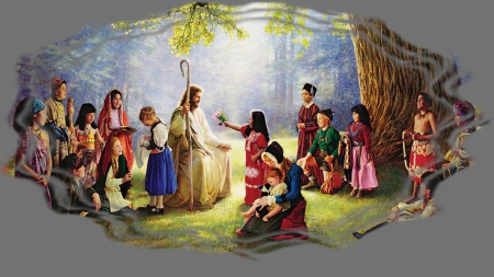 Jesus and the Children - jesus, outdoors, trees, chilren