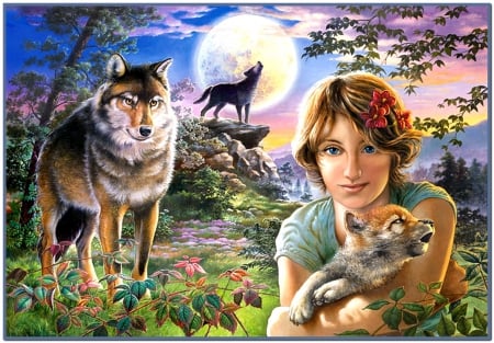 Full Moon Friends - moon, wolves, cub, girl