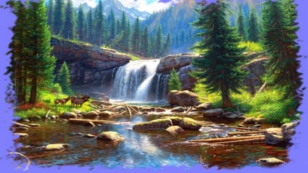 Wonders of Nature - stream, mountains, waterfall, animals