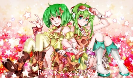 Ranka Lee & Gumi - gumi, headphones, vocaloid, anime, macross frontier, friends, green hair, colorful, ranka lee, boots