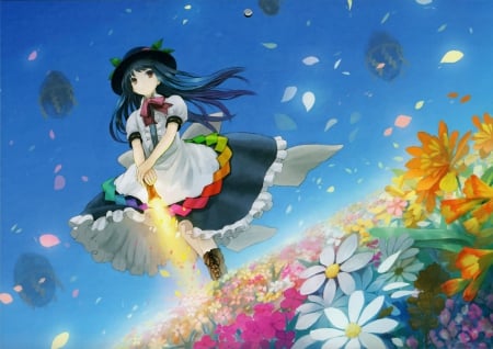 ~Hinanawi Tenshi~ - touhou, flowers, anime, dress, petals, hat, brown eyes, field, hinanawi tenshi, weapon, colorful, boots, blue hair