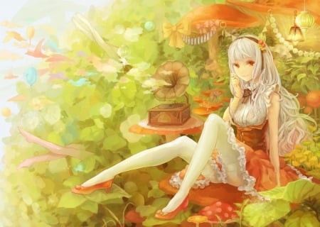 Listen To The Music - pretty, anime, birds, skirt, legs, girl, long hair, white hair, leaves, red eyes, record player horn, mushrooms, gray hair, barefoot