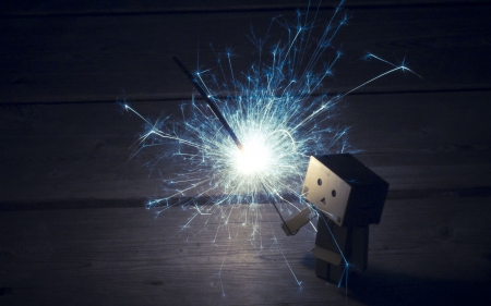 Danbo with sparkler - Danbo, sparkle, sparkler, cute, box, dark, firework, robot