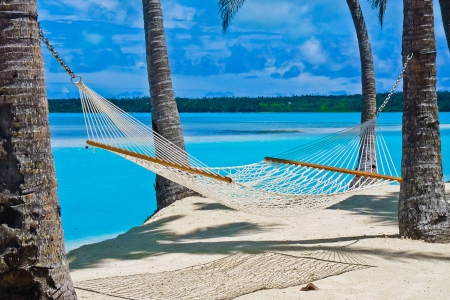 Hammock on Beach in the South Pacific - hammock, beautiful, beach, islands, ocean, white, luxury, exotic, paradise, tropical, polynesia, fiji, blue, south pacific, sand, rarotonga, lagoon, island, sea