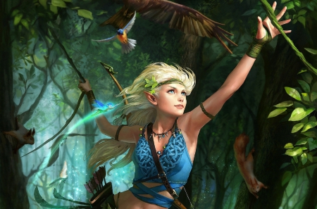 Jungle Elf - nice, woman, girl, wallpaper, lovely, fantasy, art, forest, jungle, beautiful, green, digital, birds