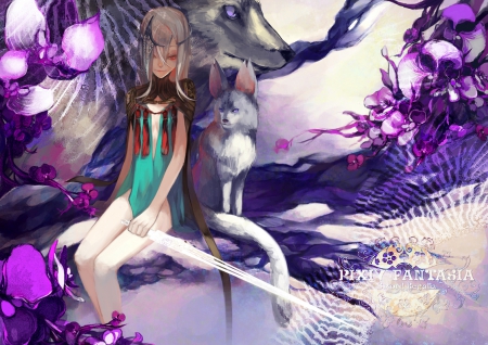 Pixiv Fantasia - demon, purple, pretty, cute, aqua, beauty, beautiful, flowers, sweet, anime, girl, fox, white, long hair, grey