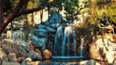 wonderful rocky waterfall hdr - trees, waterfall, pool, hdr, rocks