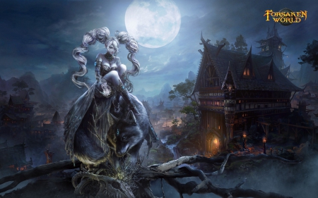 Forsaken World - Dark Age - animal, mansion, game, dark, girl, night, blue, werewolf, dark age, fighter, lycan, fantasy, moon, forsaken world, woman