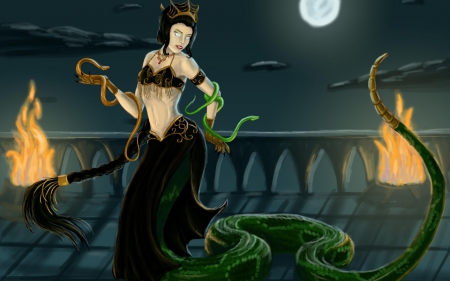 Cassiopeia - moon, game, league of legends, snake, girl, night, cassiopeia, tail, black, fantasy, green, woman