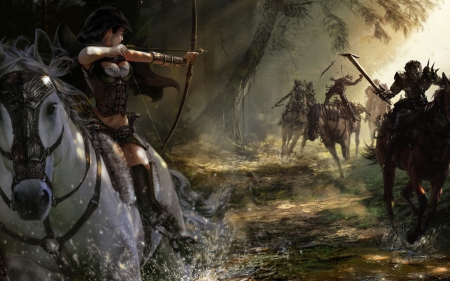 Chase - water, chase, archer, girl, horse, battle, fantasy, white, animal, woman