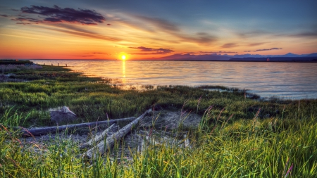 wonderful sunset over a canadian river hdr - clouds, river, sunset, shore, hdr, logs