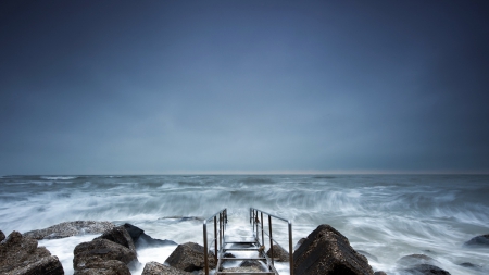 metal ladder over rough coastal rocks - ladder, sea, waves, coast, rocks