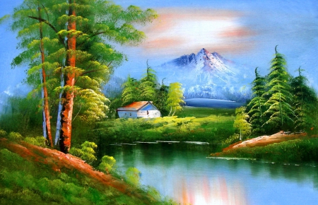 Serenity - nice, cottage, sky, trees, painting, art, quiet, calmness, river, clouds, house, snowy, grass, lake, mountain, anture, shore, majestic, lovely, peak, serenity, beautiful, cabin