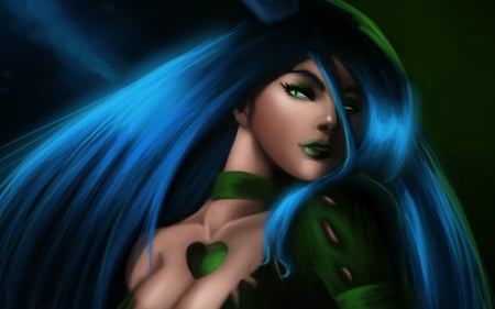 Fantasy girl - woman, sorceress, girl, heart, blue, magic, green, fantasy