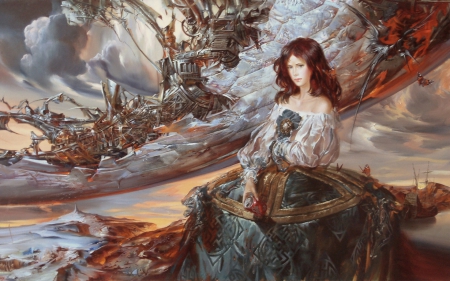 Fantasy girl - white, red, fantasy, by ivan slavinskii, girl, woman, redhead, art