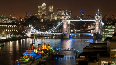 a wonderful view of the thames at night - river, lights, ship, city, night, bridge