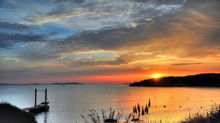 fabulous sunset - hill, clouds, dock, sunset, bay