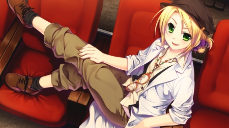 MY STYLE - anime, anime girl, chairs, blond hair, green eyes, cool, chair, sora no mukou de sakimasu you ni, glasses