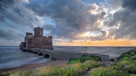 the astura tower castle off the italian coast - clouds, coast, tower, sea, castle, bridge