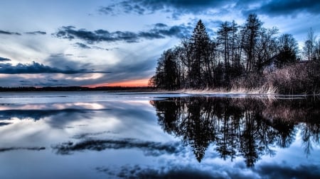 beautiful winter lake at dusk - trees, winter, lake, dusk, reflection