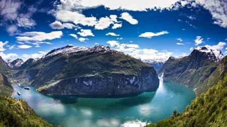 fish eye view of a fjord in norway - fish eye, clouds, cruise ships, mountains, fjord