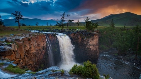 waterfalls on the orkhon river in mongolia - clouds, river, waterfalls, sunset, cliff, meadows, rocks