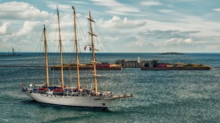 fantastic sail ship in a harbor hdr - clouds, sail ship, lighthouse, hdr, island, harbor