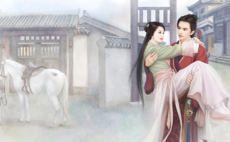 Oriental Love Story - nice, woman, love, china, couple, girl, soft, wallpaper, fantasy, painting, art, fine, romantic, beautiful, digital, chinese