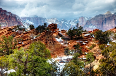 WINTER AT ZION, UTAH - clouds, national park, tress, landscape, snow, mountains, canyon