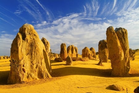 Nambung National Park, Australia - national, clouds, desert, yellow, blue, rock, shadow, sand, australia, nature, nambung, sky, park