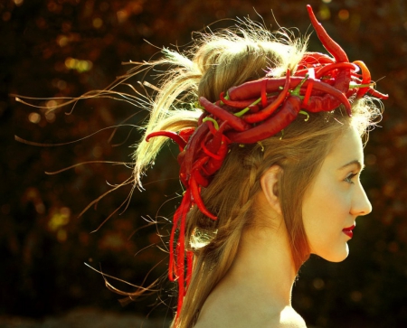 Hot Autumn - red, lady, soft, model, chillies