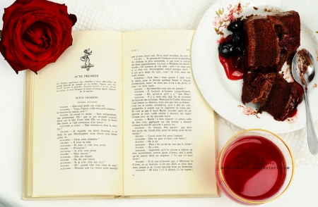 Sweet Moments - red, book, rose, flowers, cake