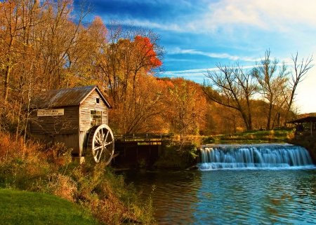 Hyde's Mill, Wisconsin - grist mill, autumn, trees, landscape, river, waterfall