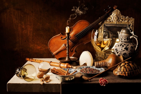 Still Life - table, candle, tableware, violin