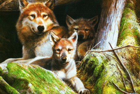 Mother's pride - wolves, wolf, artwork, predators, pup