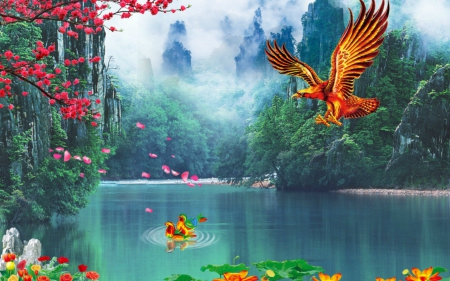 Beauty of the lake - lake, bird, water, trees, mountain