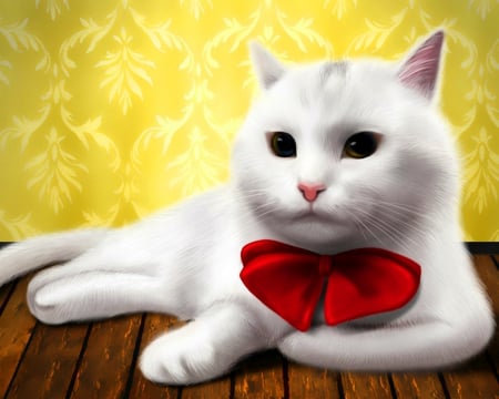 White cat in red bow - white, pet, cute, cat