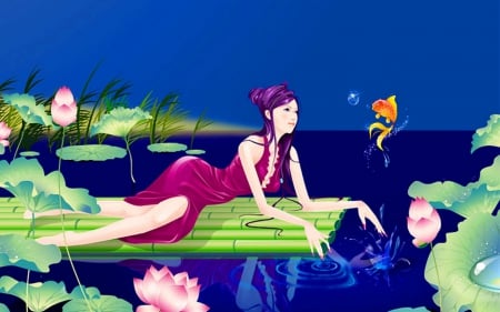 Woman in the pond - vectors art, pond, lily, woman, art