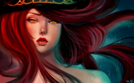 Miss Fortune - yellow eyes, game, league of legends, miss fortune, blue, girl, fantasy, redhead, red, woman, art