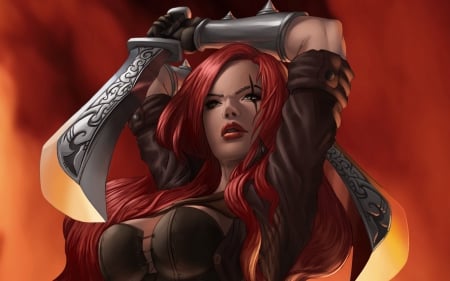 Katarina - woman, redhead, girl, fighter, black, game, league of legends, red, orange, sword, katarina