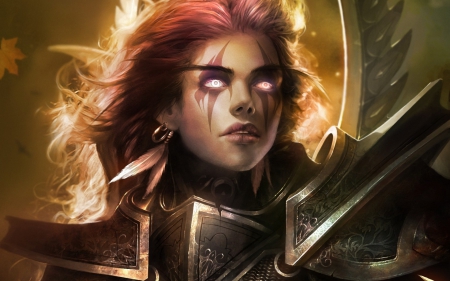 World of Warcraft - fighter, wow, game, yellow, girl, tamplierpainter, pink, armor, fantasy, redhead, woman, world of warcraft