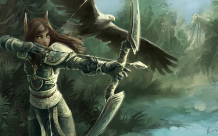 World of Warcraft - wow, bird, game, World of Warcraft, archer, girl, armor, elf, fantasy, eagle, fly, green, woman, wings